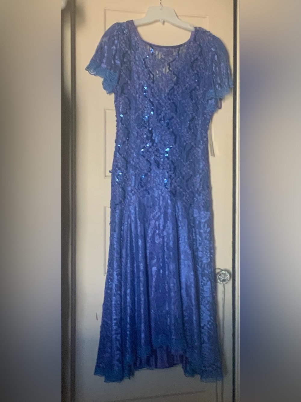 H W Collections Elegant Royal Blue Lace & Sequin Short-Sleeve Dress - new